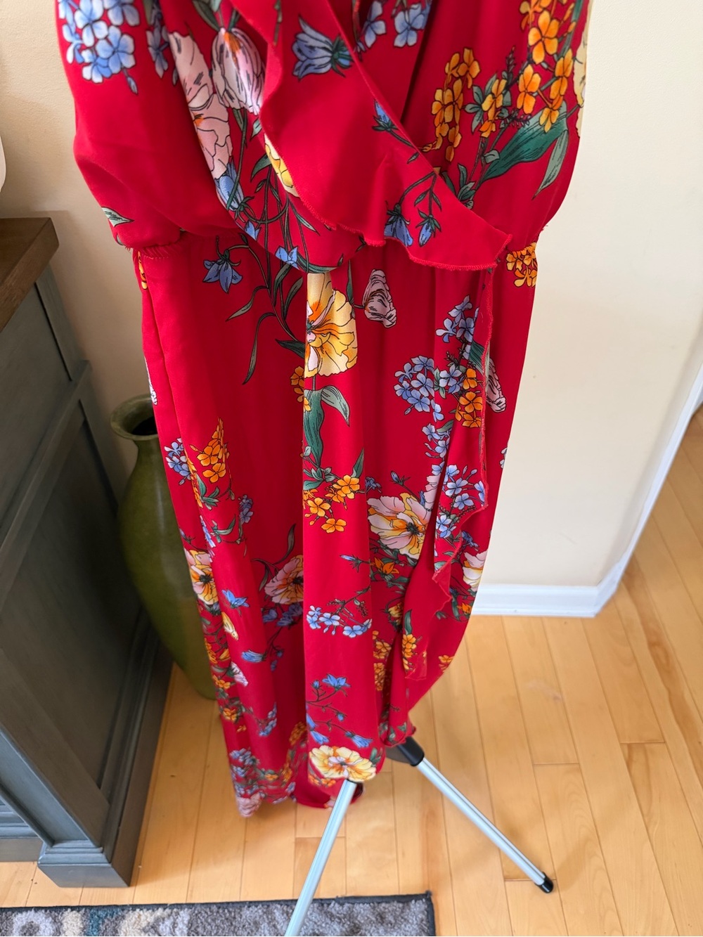 Women’s Small Red Floral Maxi Dress Ruffle Faux Wrap Boho Cottagecore - Picture 3 of 5